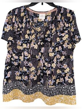 Knox Rose Floral Smocked Peasant V Neck Top Tassels Boho Sheer Blouse Women’s XL
